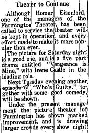 Farmington Theater - Aug 1918 Article From James